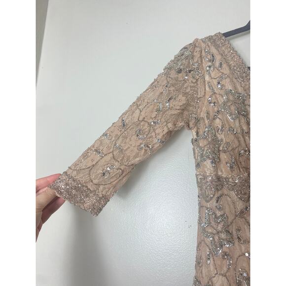 PISARRO NIGHTS DRESS 2 TAN BEIGE GOWN MOB FALL EVENING LONG FORMAL SEQUIN BEADED - Picture 10 of 16